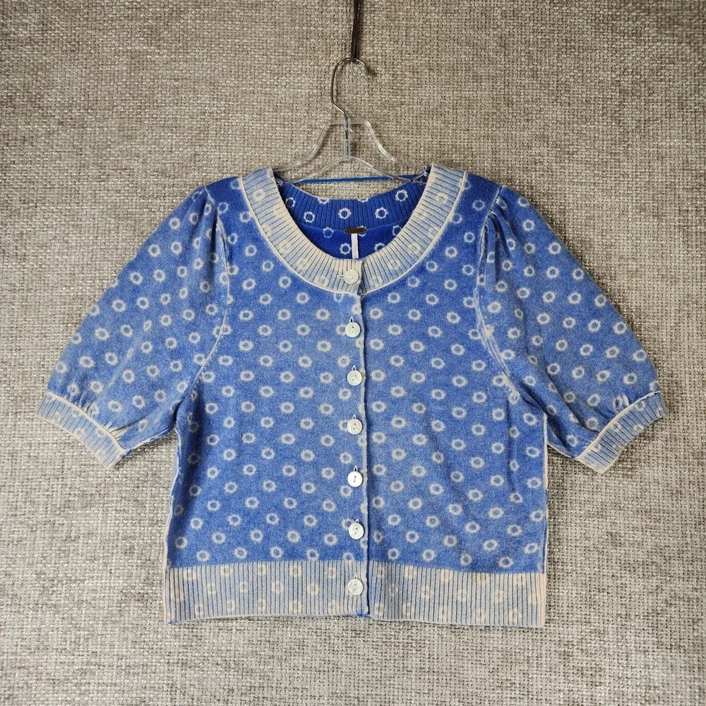 Free People Isla Cardigan Sweater Womens S Blue Cashmere Wool Short Sleeve